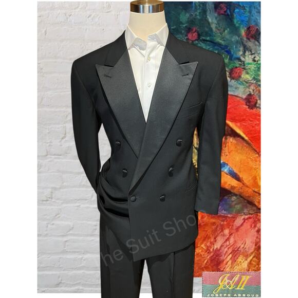 Joseph Abboud Mens 44L 36x29 Black Tuxedo Double Breasted Virgin Wool - Picture 1 of 16